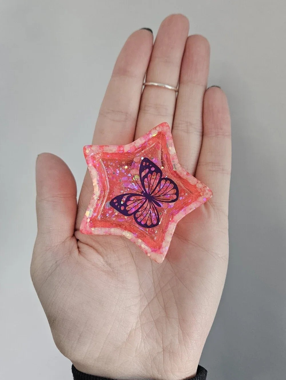 Handmade Pink Star Mini Resin Ring Dish Glow In The Dark Purple Butterfly